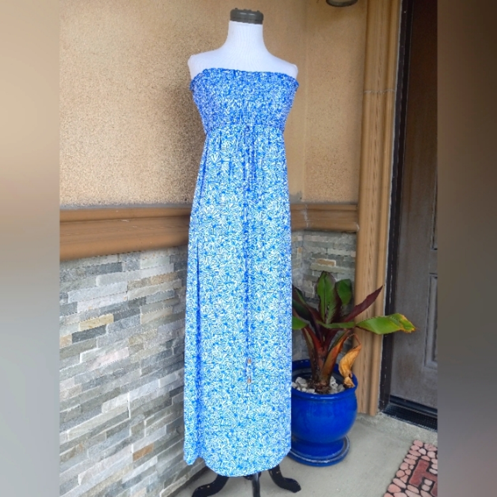 Juicy Couture Blue and White Strapless Maxi Dress